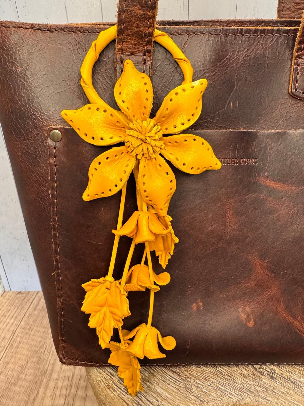Leather Purse Charm Genuine Leather Yellow Fall Flower Bag Charm NEW FAST SHIP